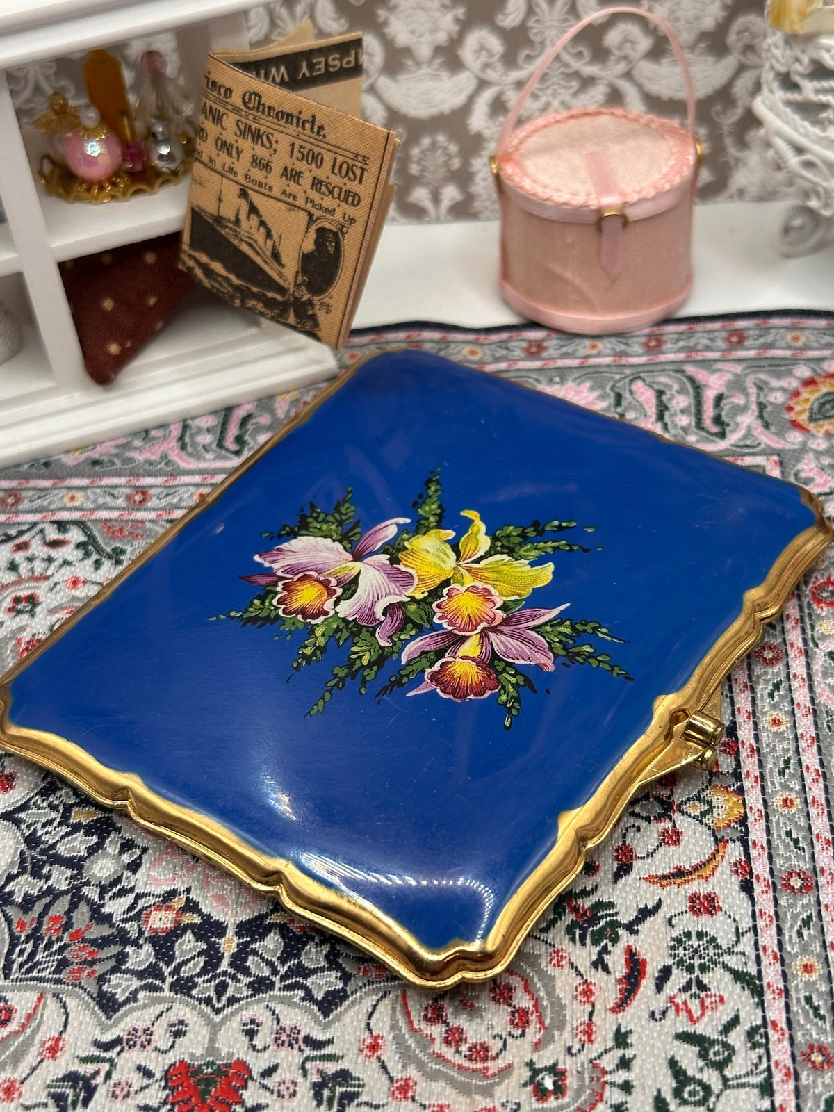 Vintage Stratton Blue Enamel Orchid Cigarette Case, Gold Tone, Scalloped Edge, 9.5cm
