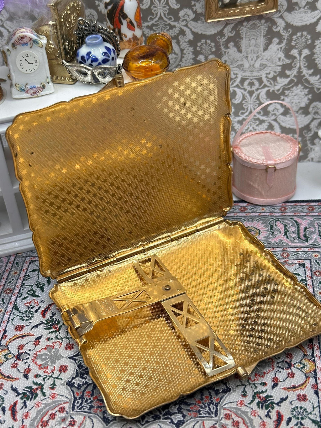 Vintage Stratton Blue Enamel Orchid Cigarette Case, Gold Tone, Scalloped Edge, 9.5cm