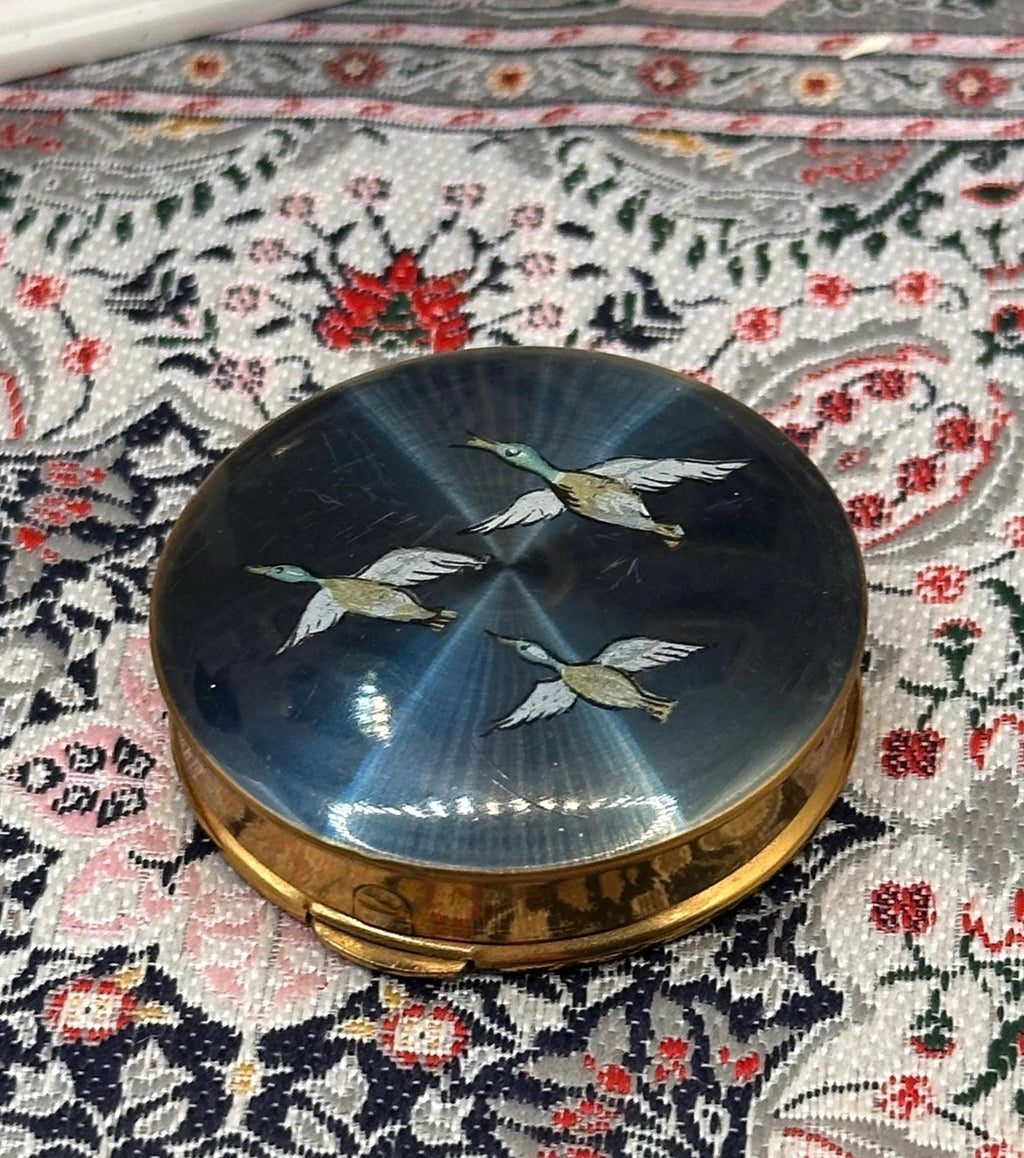 Vintage Kigu Pill Box, Blue Enamel Duck, Engine Turned Gold Tone, Made England