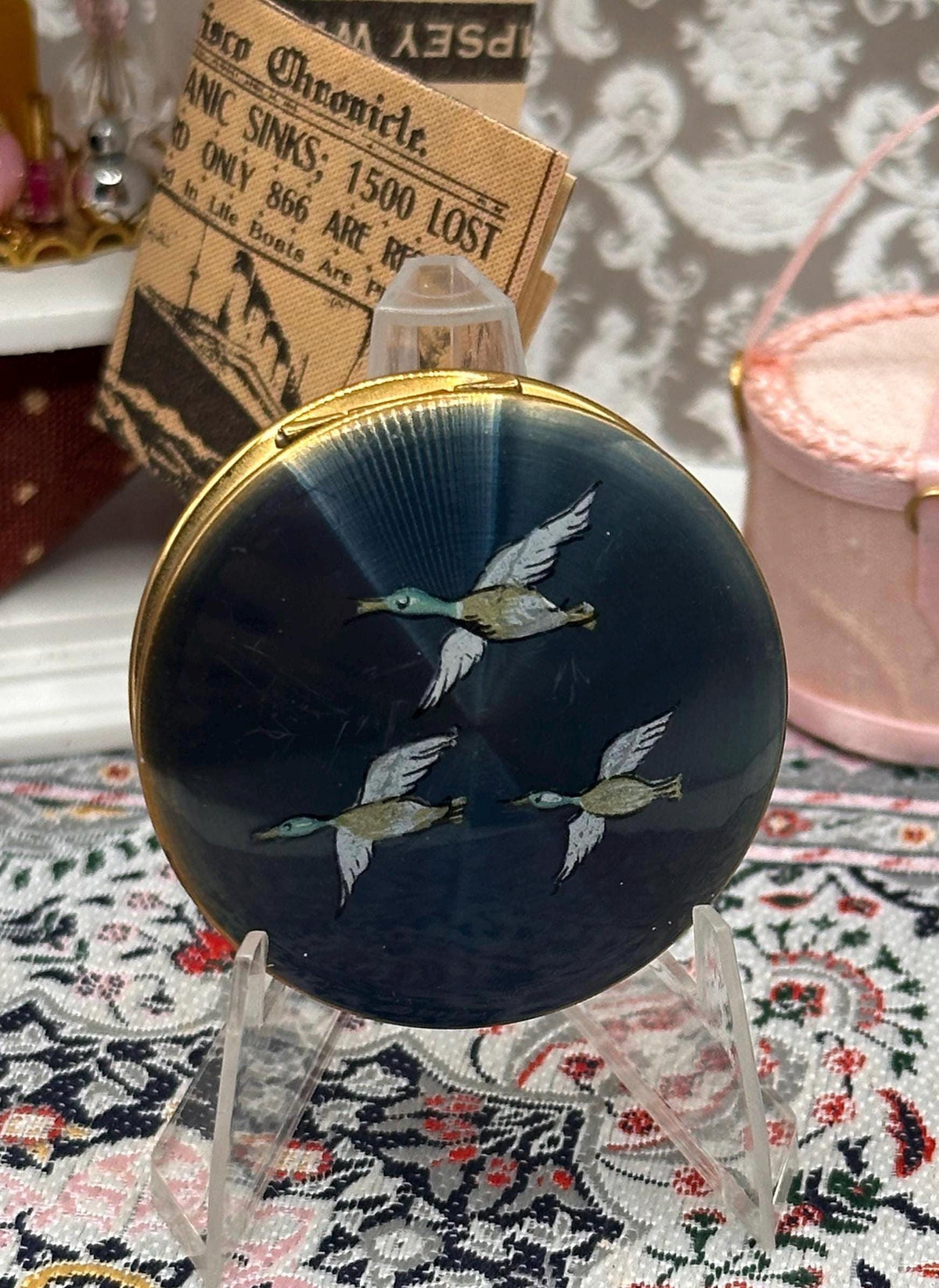 Vintage Kigu Pill Box, Blue Enamel Duck, Engine Turned Gold Tone, Made England