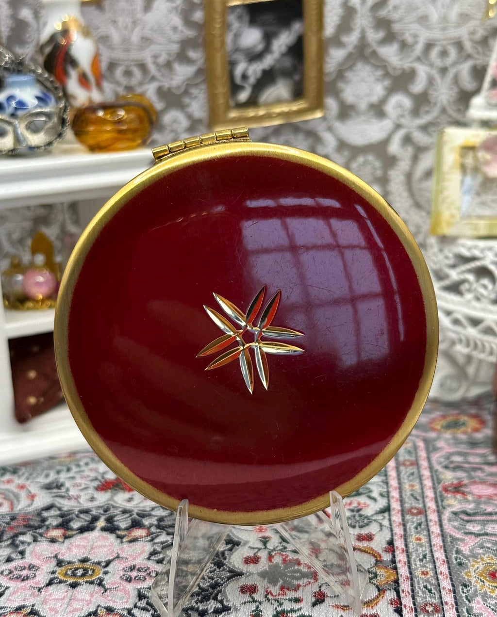 Vintage Mascot Red Enamel Powder Compact – Gold Starburst, 7cm