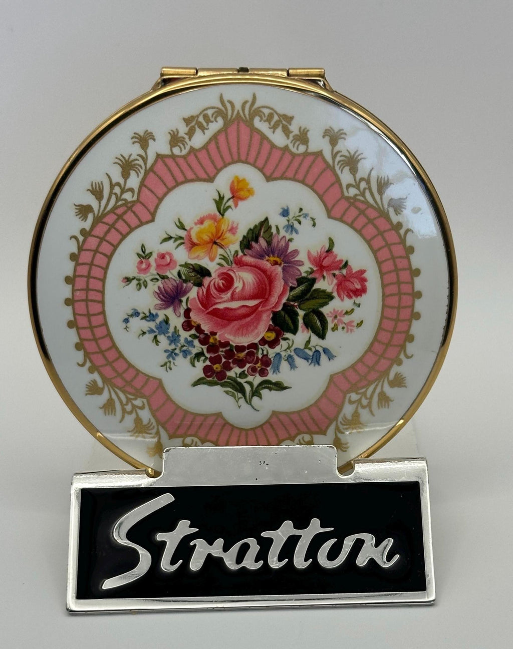 Vintage Stratton Powder Compact Gold-Tone Pink Floral Enamel Lid, Made in England