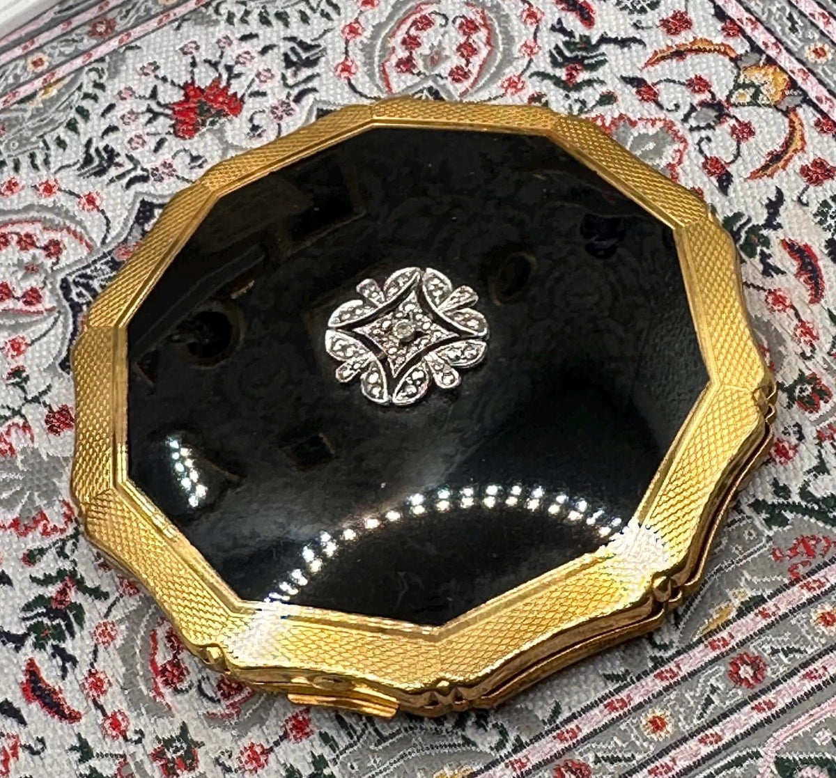 Vintage Kigu London Powder Compact, Black Enamel, Original Puff & Pouch