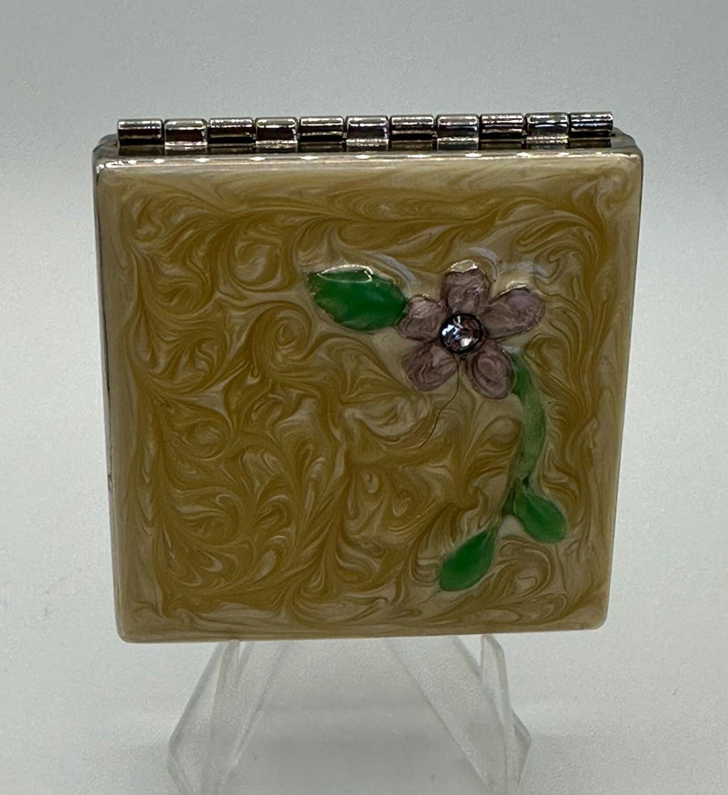 Vintage Marbled Celluloid Compact Mirror: Floral Appliqué, Magnifying, 1930s-50s