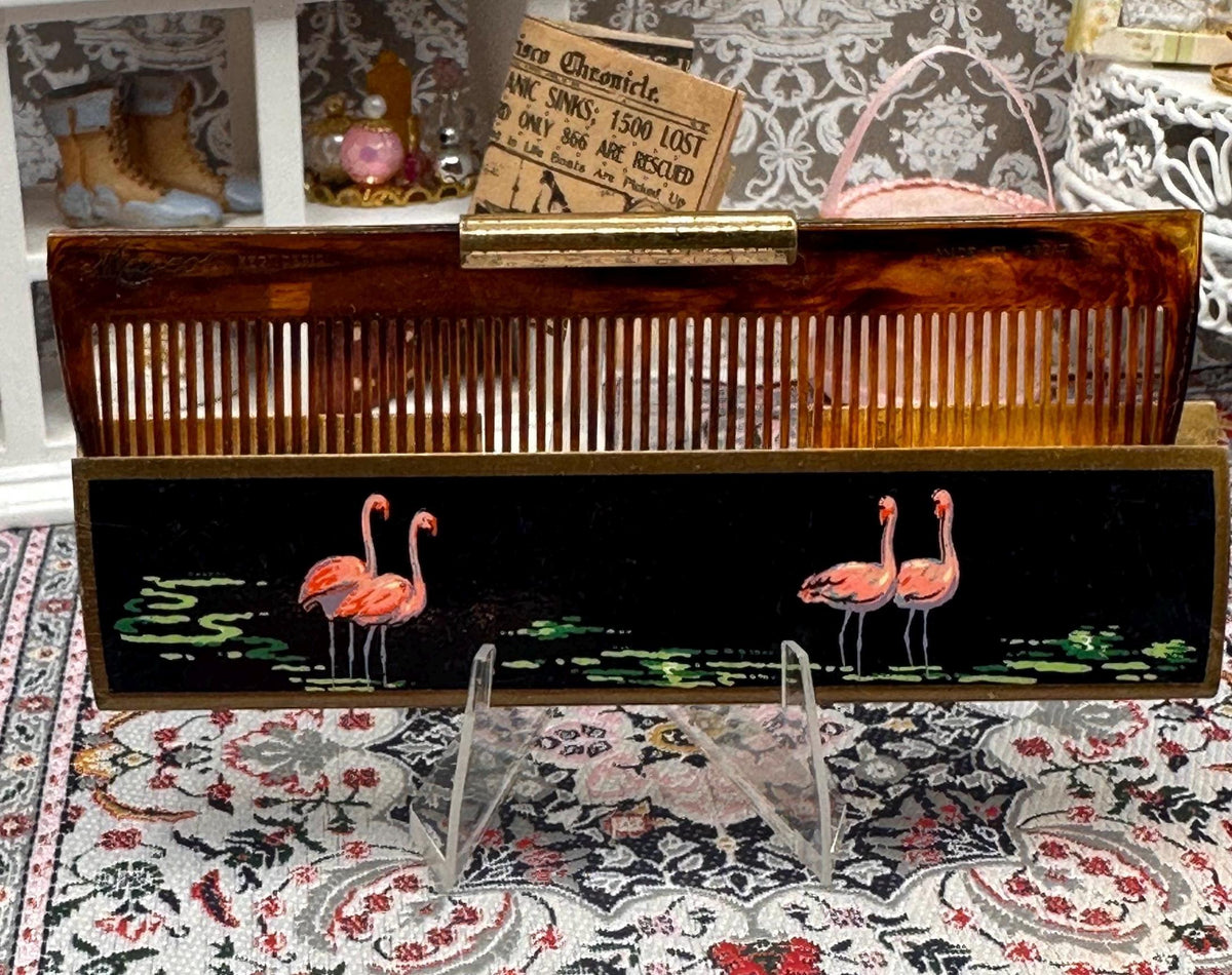 Vintage Mascot Flamingo Comb Hand Painted Navy Blue Vanity Accessory