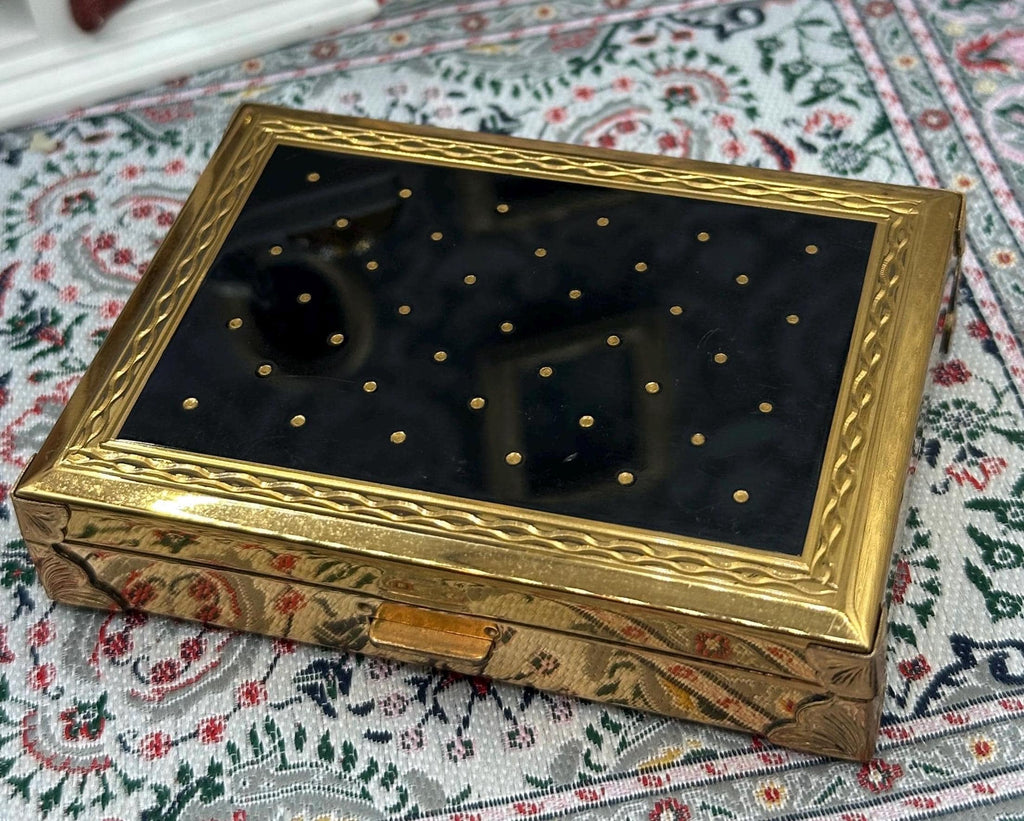 Carene Reuge Ste-Croix Swiss Musical Compact – Plays ‘The Blue Danube’, Black & Gold, Vintage Vanity
