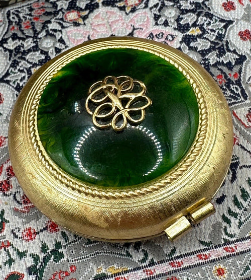 Revlon Van Cleef & Arpels Powder Compact Green Enamel Gold Tone Boxed Vintage 1960s Collectable