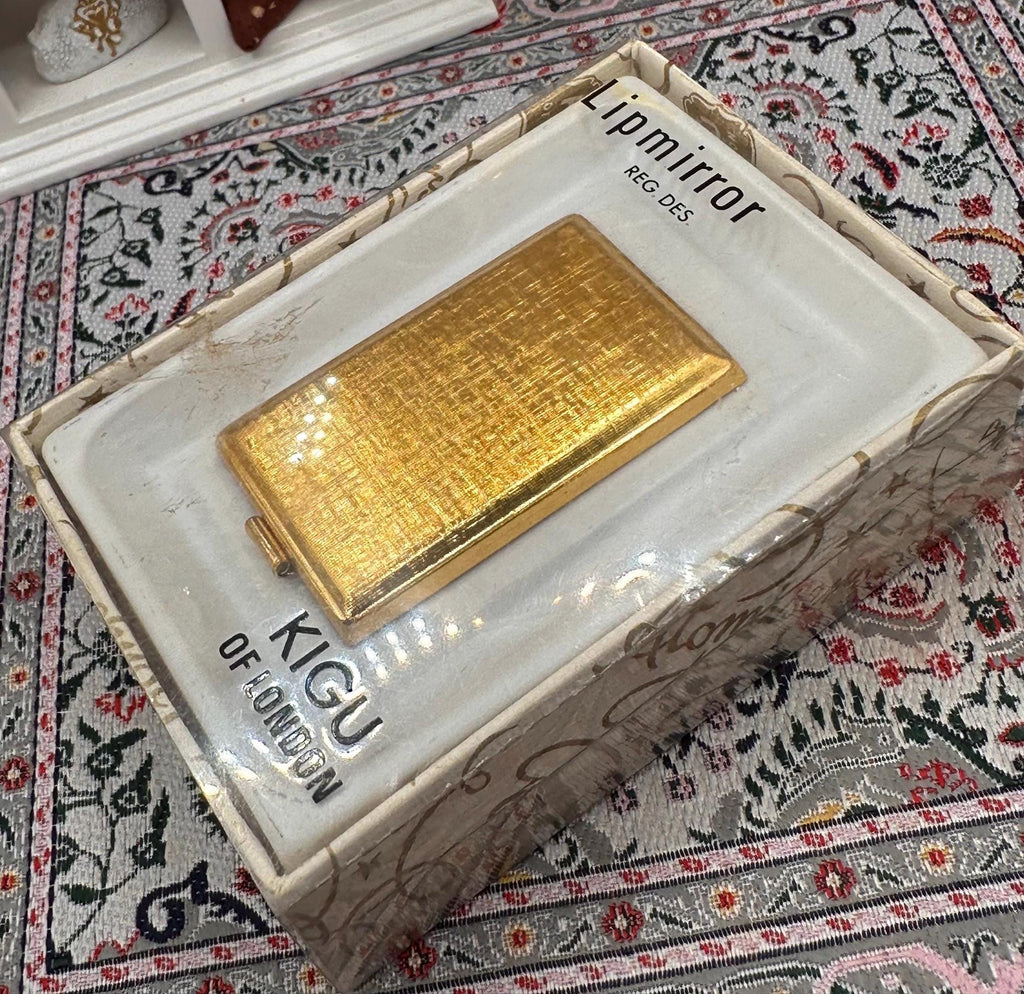 Glamorous Vintage Gold Tone Lipstick Holder in Original Box - Mid-Century Kigu Lipmirror