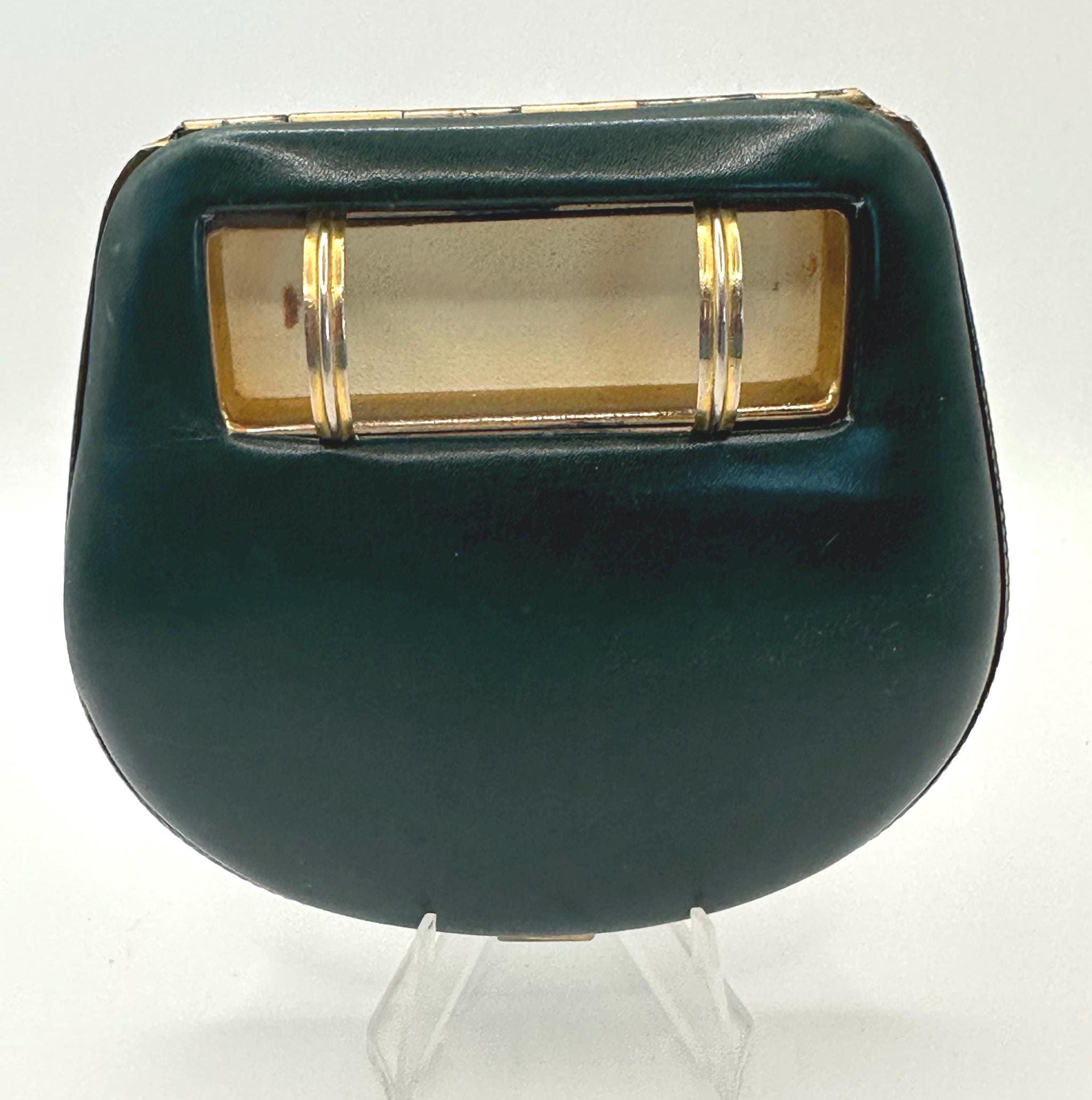Vintage Green Leather & Gold-Tone Powder Compact – Mid-Century Vanity Accessory – Unmarked