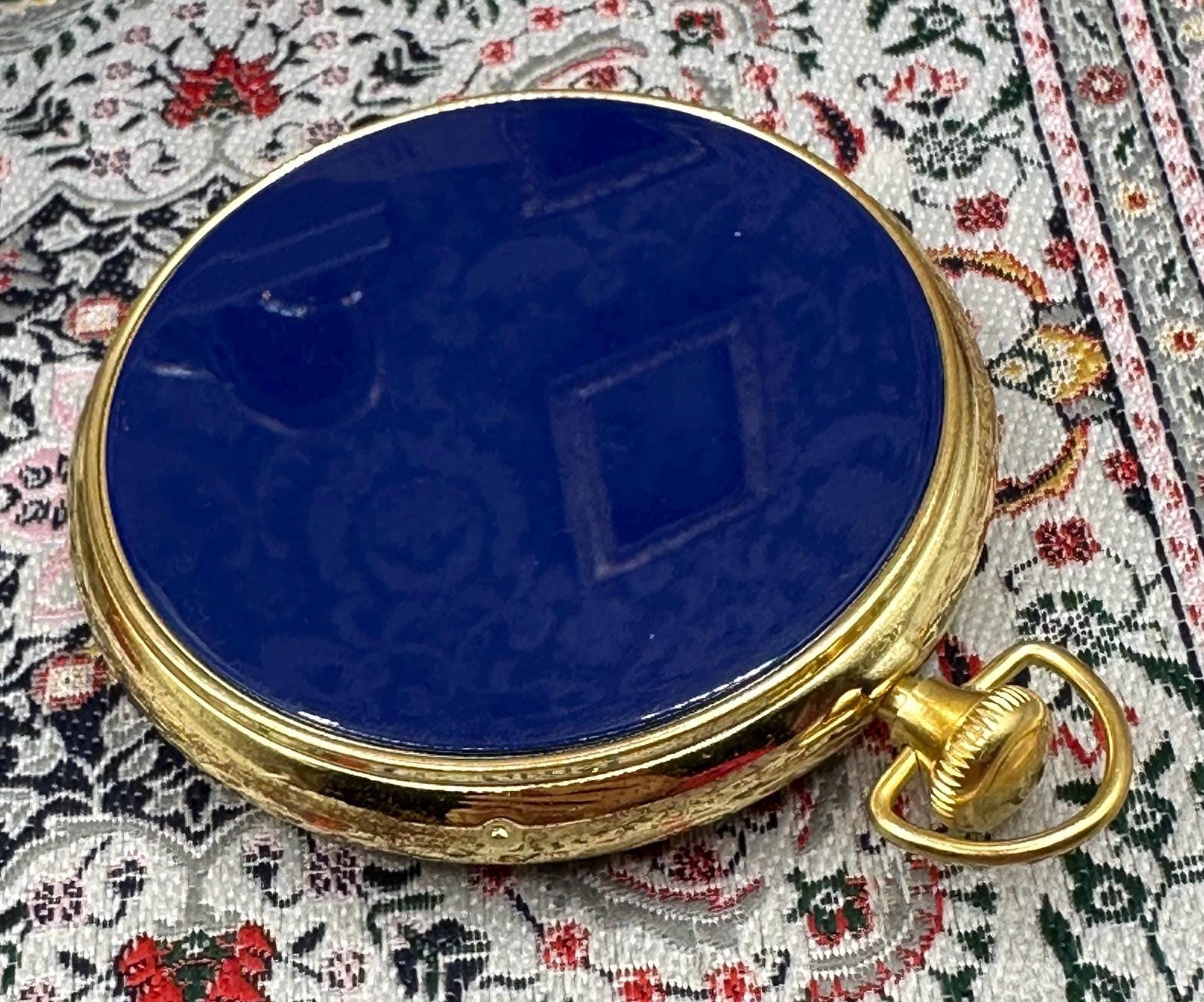 Vintage Alexandra de Markoff Pocket Watch Powder Compact Blue Enamel Original Puff & Screen