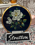 Stratton Convertible Powder Compact Blue Enamel White Rose Floral Mid-Century Made in England