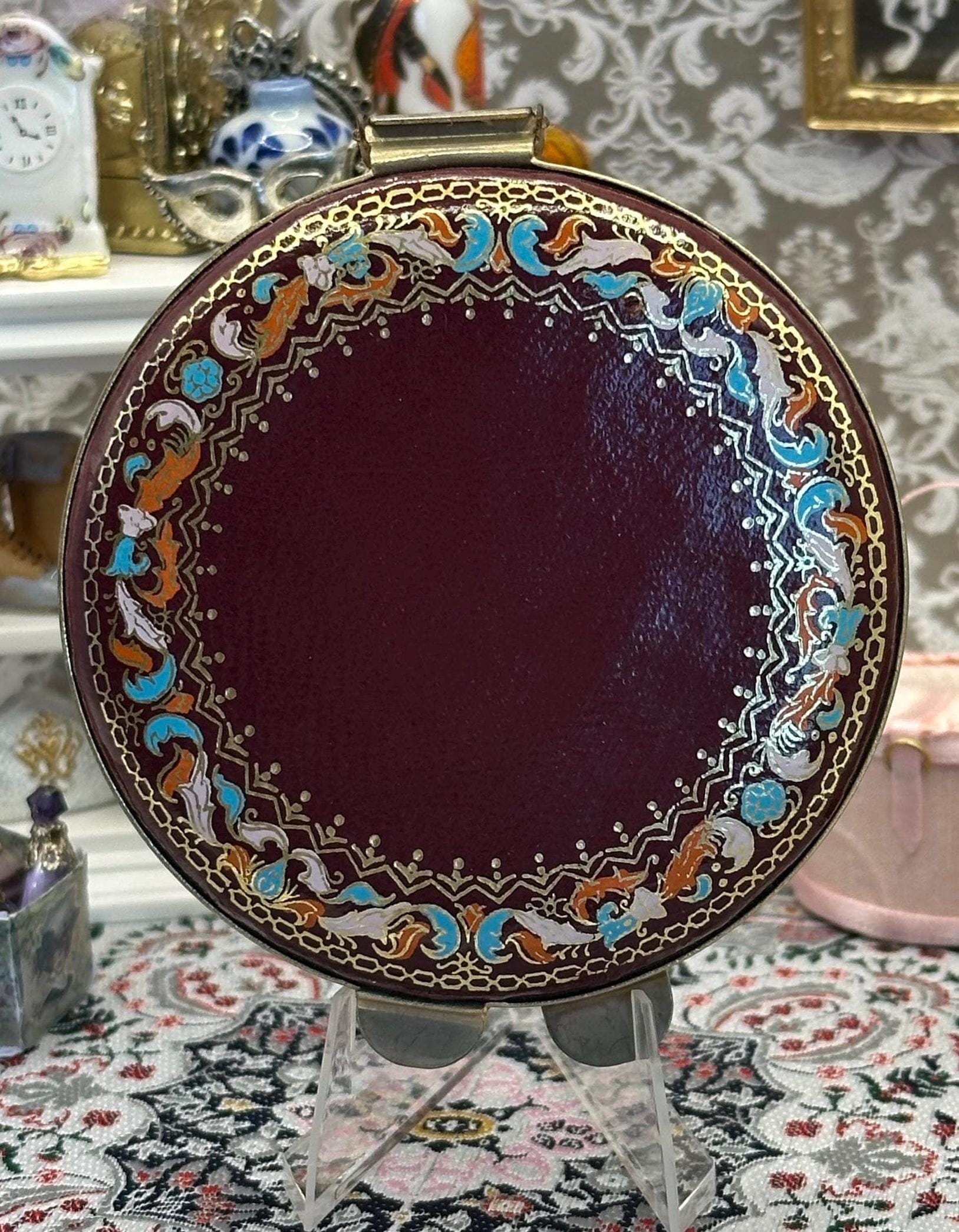 Vintage Burgundy Leather Powder Compact Ornate Border