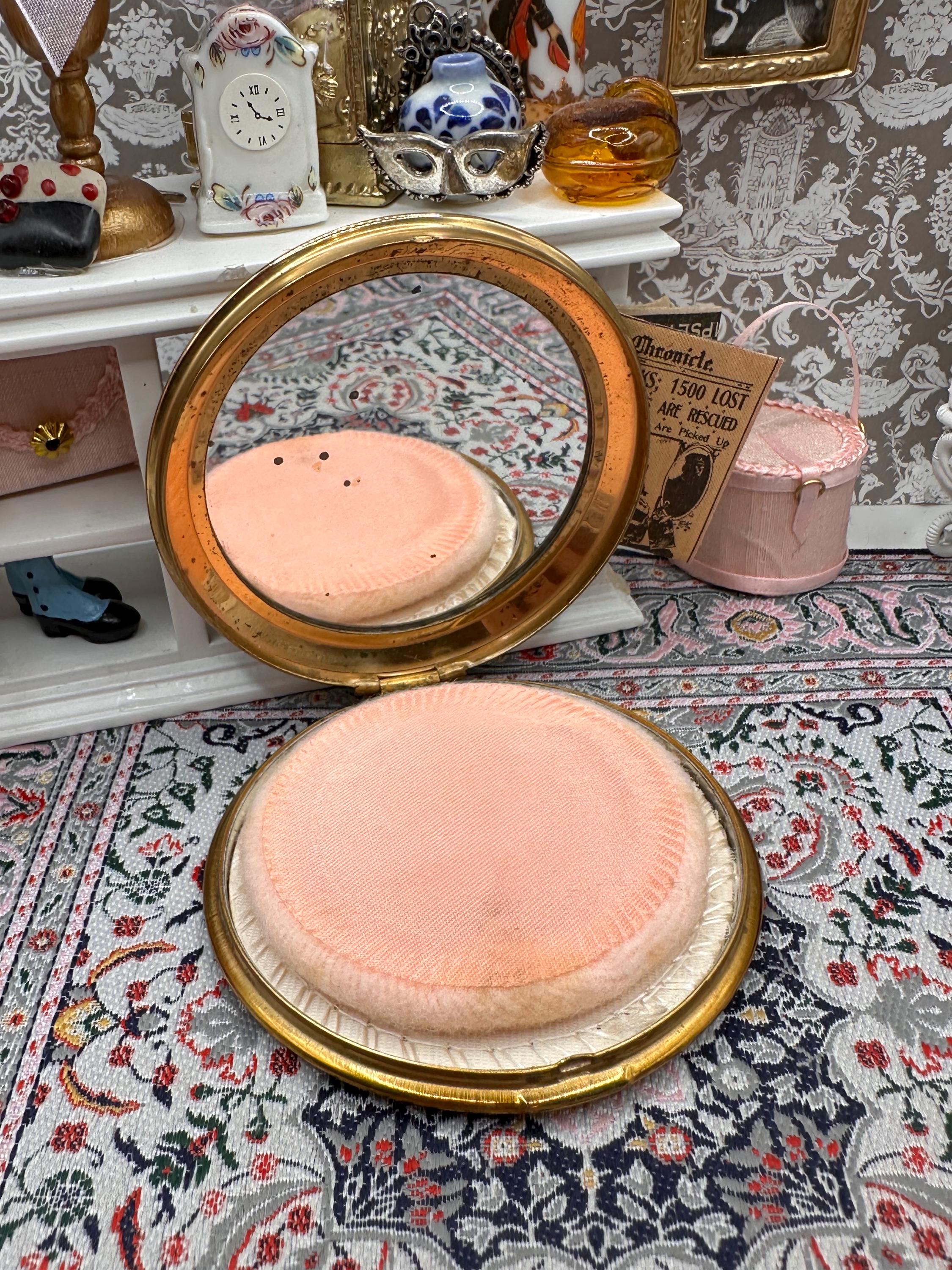 Vintage Mascot Powder Compact Blue Enamel Floral Centre Gold Tone Round 7.5cm