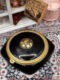 Vintage Black Moulded Plastic (Bakelite) Powder Compact with Gold Floral Button 6.5cm