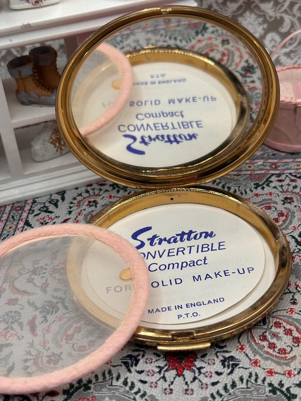 Vintage Stratton Pink Convertible Powder Compact, Original Pouch, Unused, Mid Century England