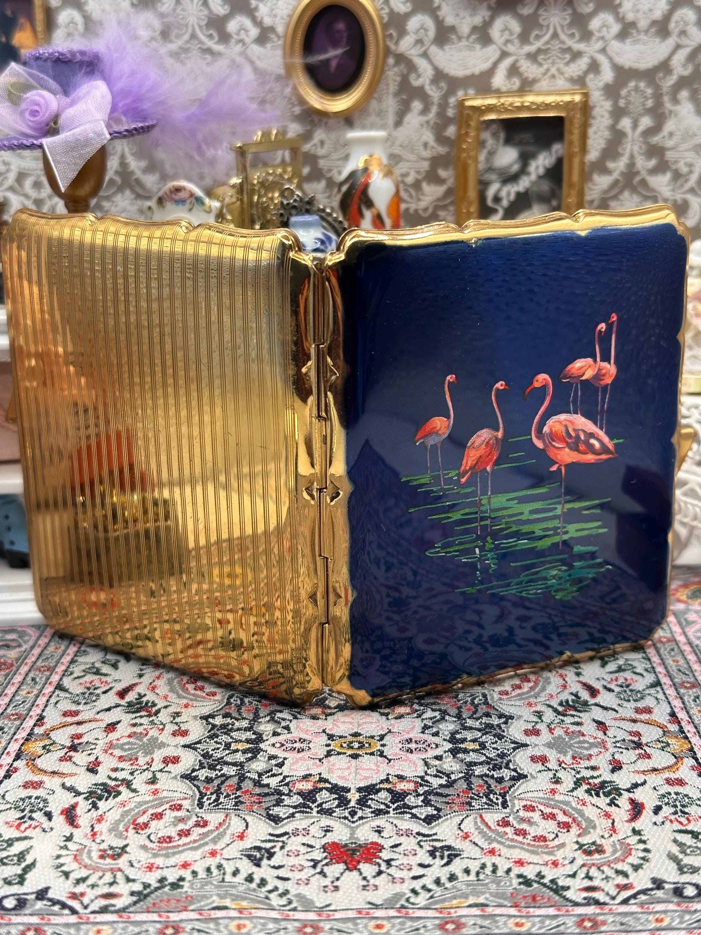 Vintage Stratton Cigarette Case Blue Enamel Flamingo Design Gold Tone Compact Case 1950s Made in England