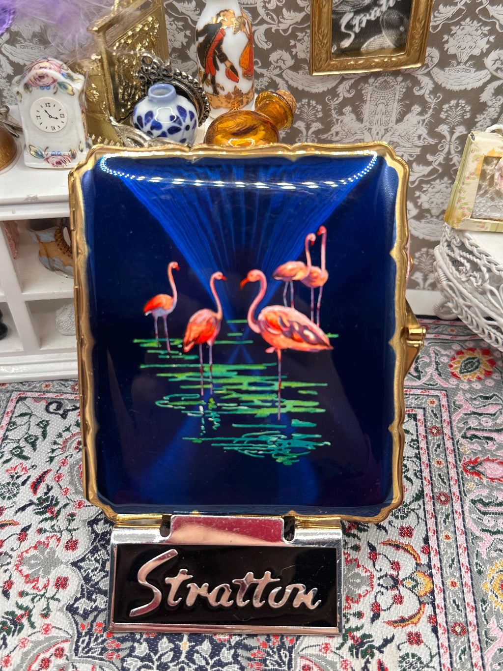 Vintage Stratton Cigarette Case Blue Enamel Flamingo Design Gold Tone Compact Case 1950s Made in England
