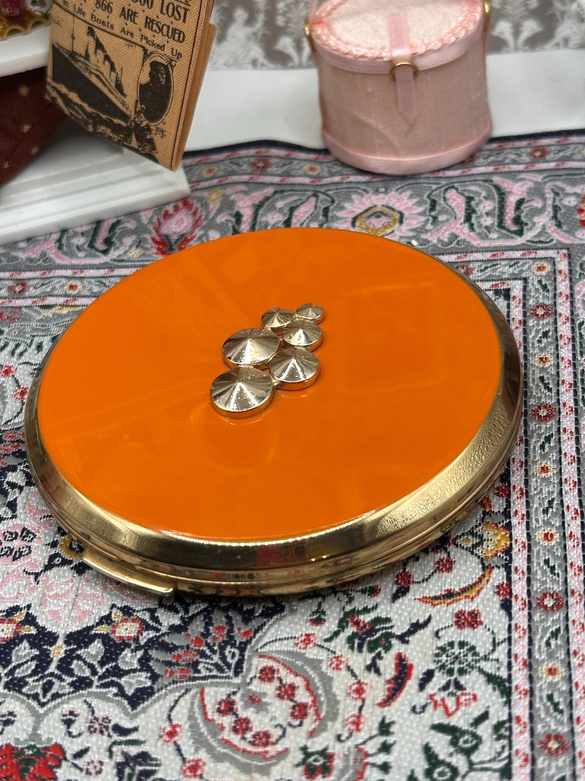 Vintage Stratton Orange Enamel Powder Compact, Gold Tone, Mirror & Puff, 7.5cm