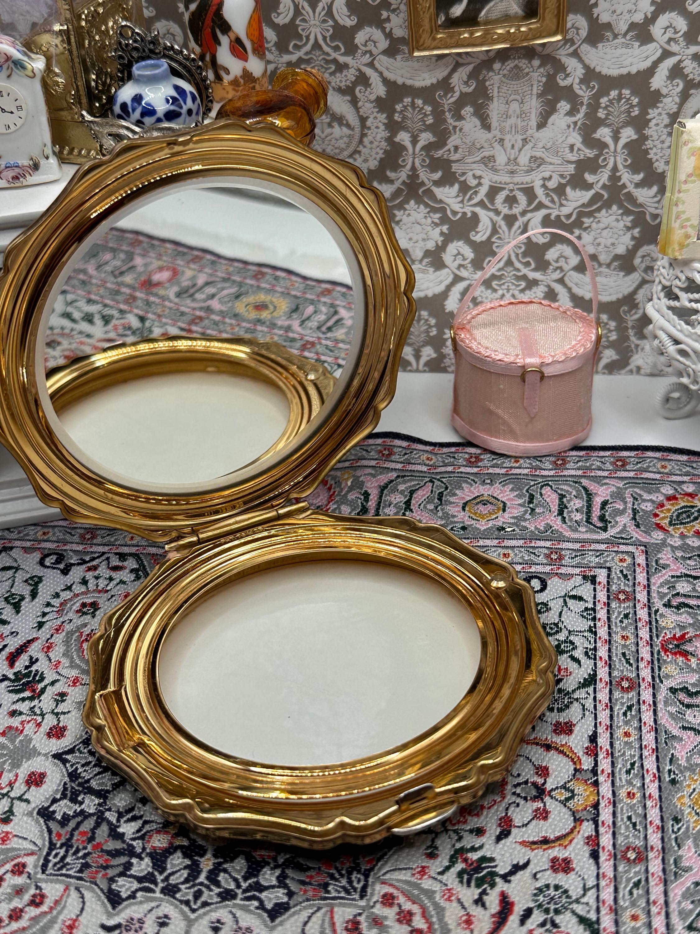Vintage Stratton Bird & Floral Powder Compact, Black Enamel, Scalloped Edge, Mirror, 8.5cm