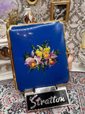 Vintage Stratton Blue Enamel Orchid Cigarette Case, Gold Tone, Scalloped Edge, 9.5cm