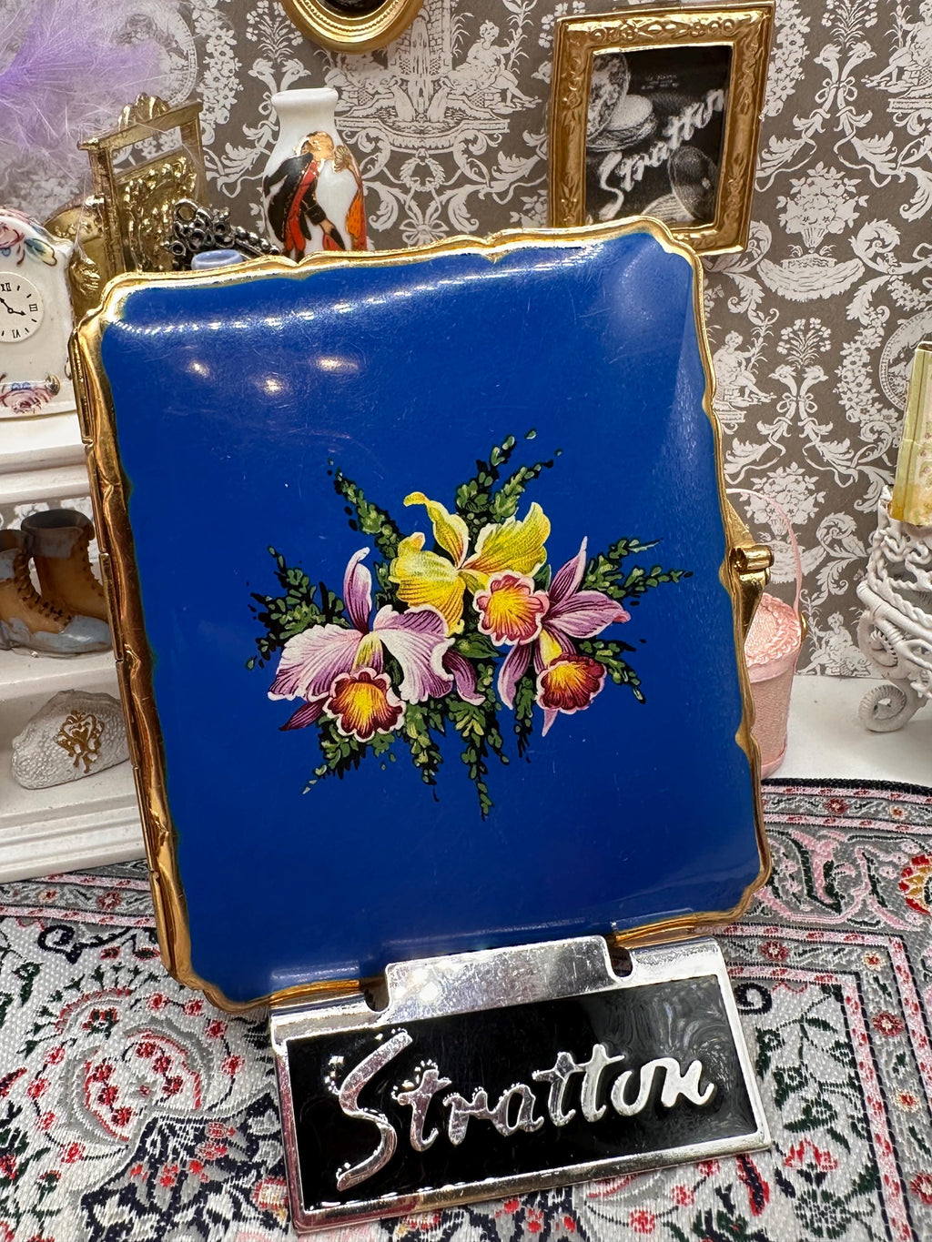 Vintage Stratton Blue Enamel Orchid Cigarette Case, Gold Tone, Scalloped Edge, 9.5cm