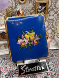 Vintage Stratton Blue Enamel Orchid Cigarette Case, Gold Tone, Scalloped Edge, 9.5cm