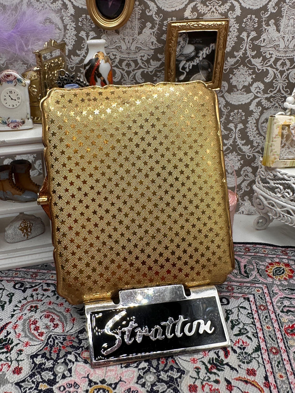Vintage Stratton Blue Enamel Orchid Cigarette Case, Gold Tone, Scalloped Edge, 9.5cm