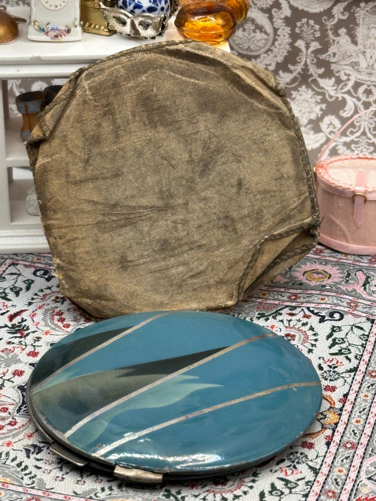 Vintage Art Deco Blue Enamel Powder Compact with Silver Stripes, 8.5cm, Original Leather Pouch