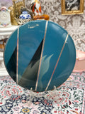 Vintage Art Deco Blue Enamel Powder Compact with Silver Stripes, 8.5cm, Original Leather Pouch