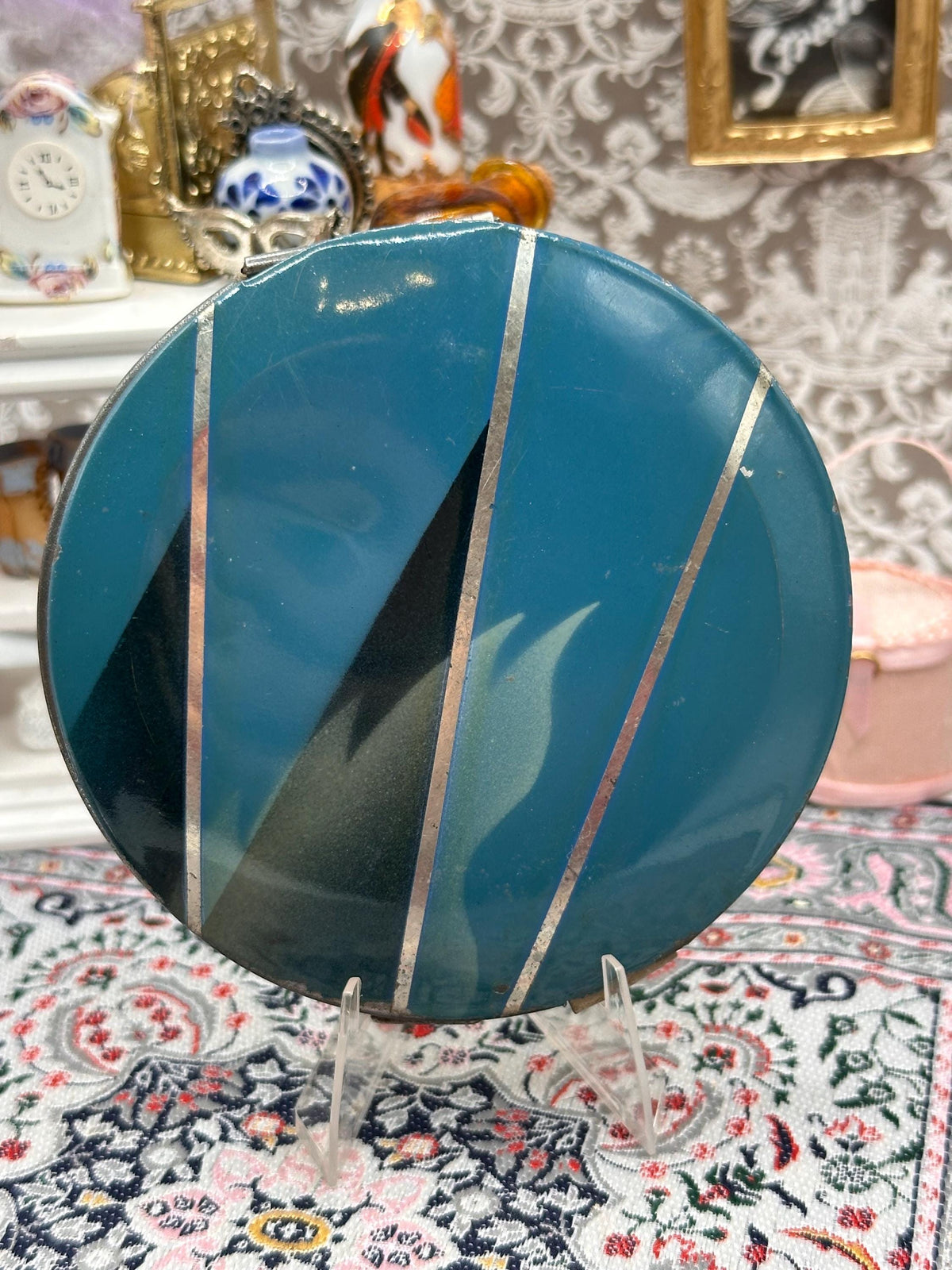 Vintage Art Deco Blue Enamel Powder Compact with Silver Stripes, 8.5cm, Original Leather Pouch