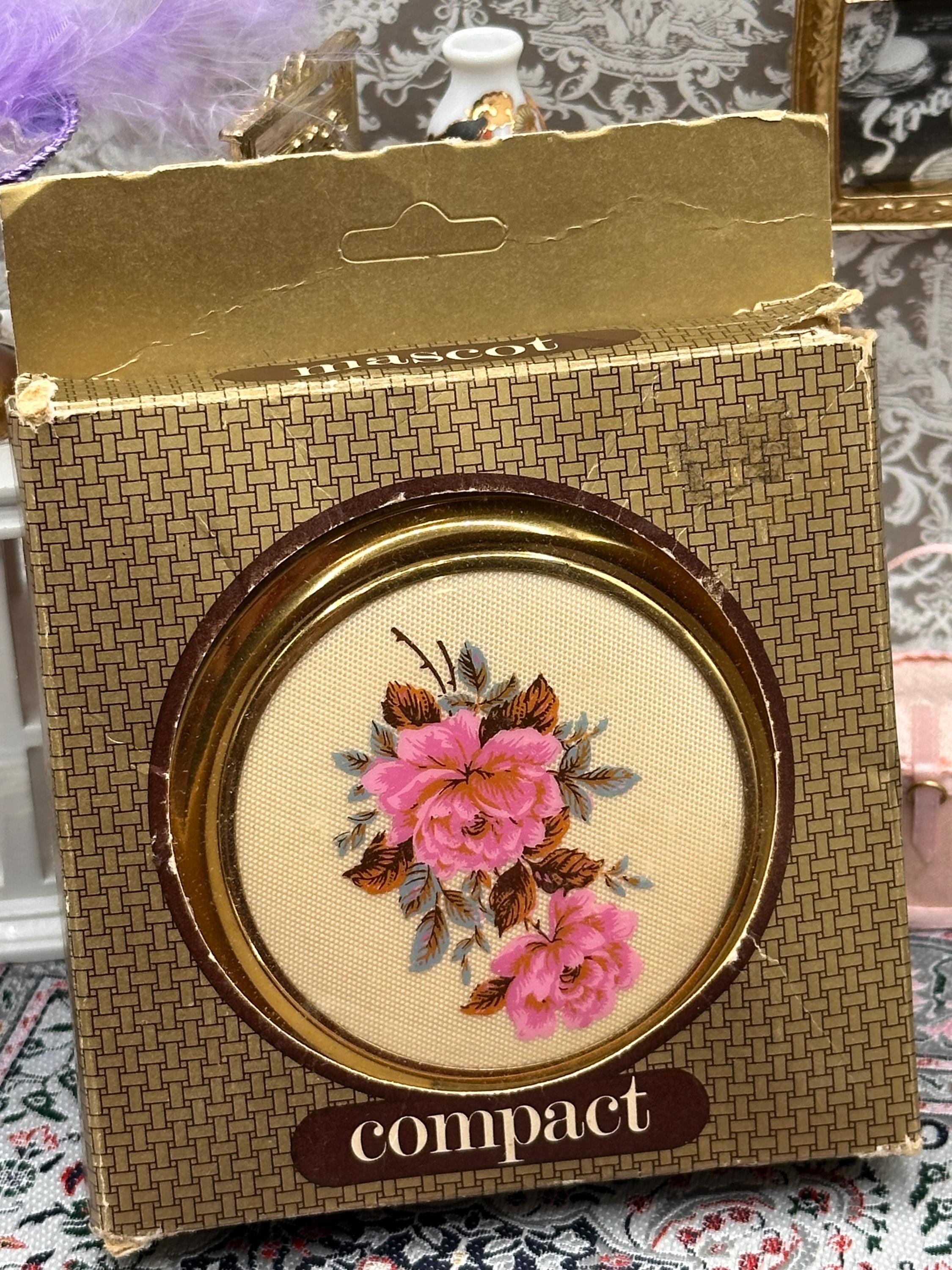 Vintage Mascot Powder Compact 6.5cm Pink Floral Enamel in Original Box with Puff