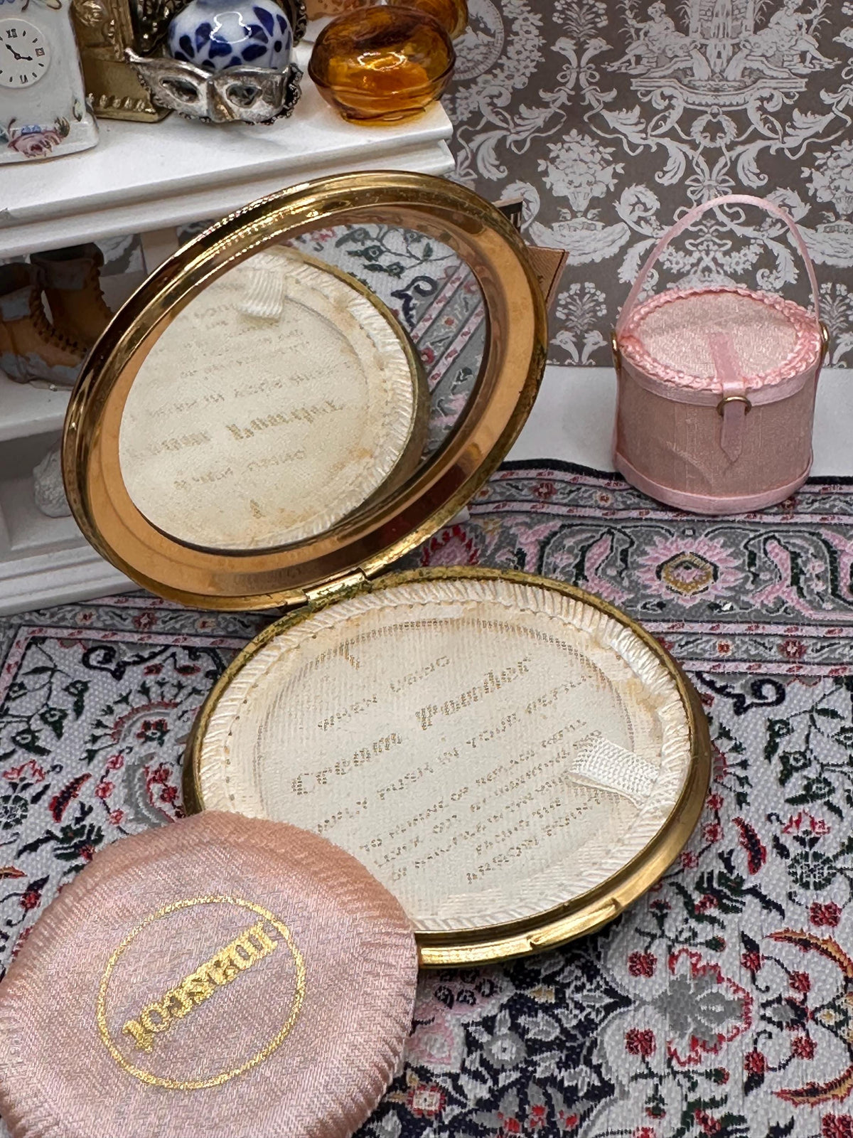 Vintage Mascot Powder Compact 6.5cm Pink Floral Enamel in Original Box with Puff