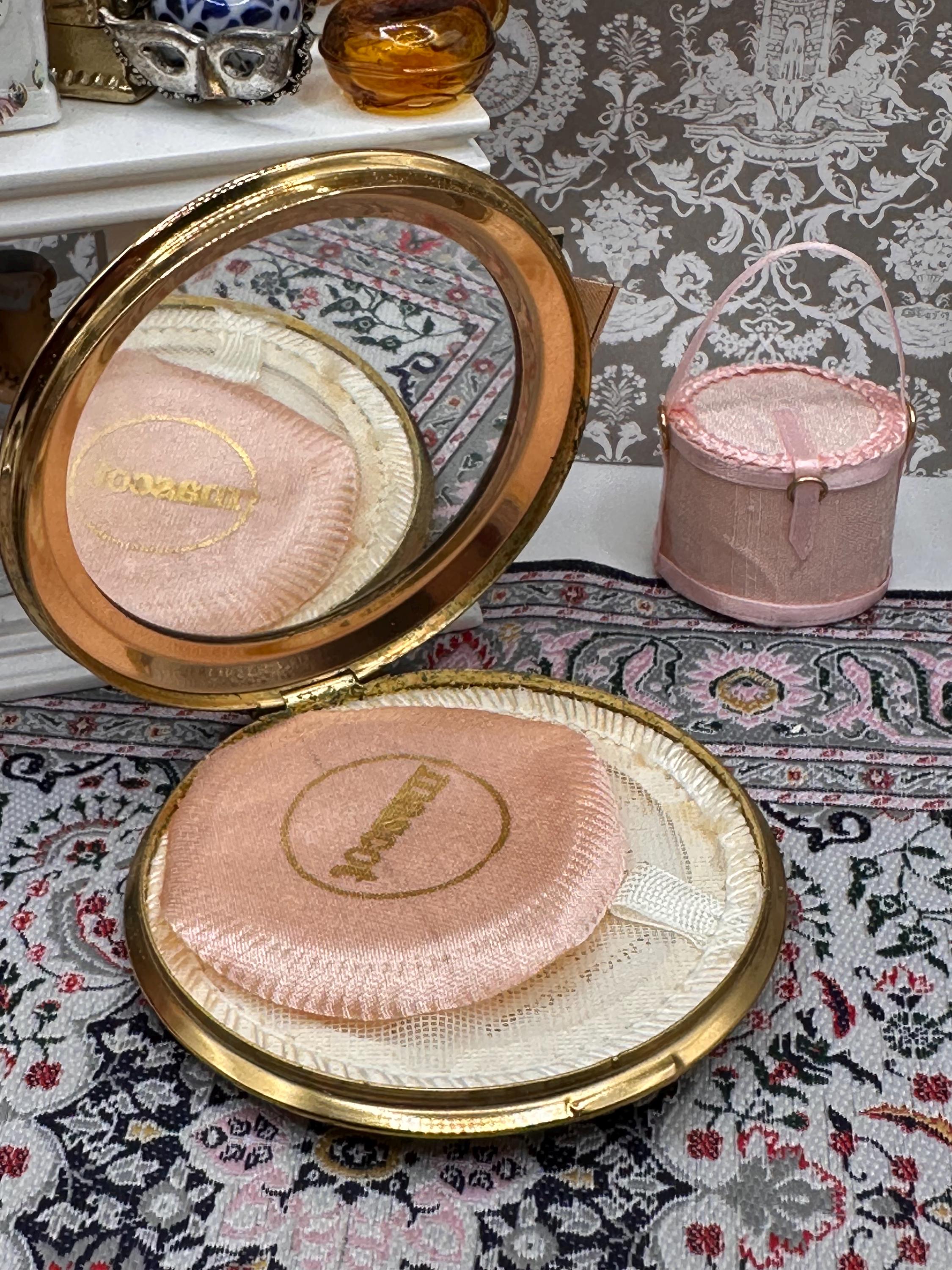 Vintage Mascot Powder Compact 6.5cm Pink Floral Enamel in Original Box with Puff