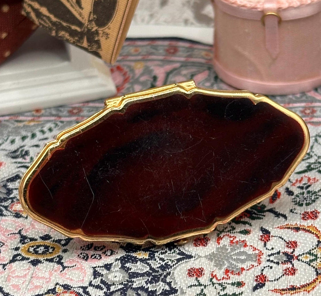 Vintage Stratton Lipview Compact – Oxblood Red Marbled Enamel Mid Century Powder Compact