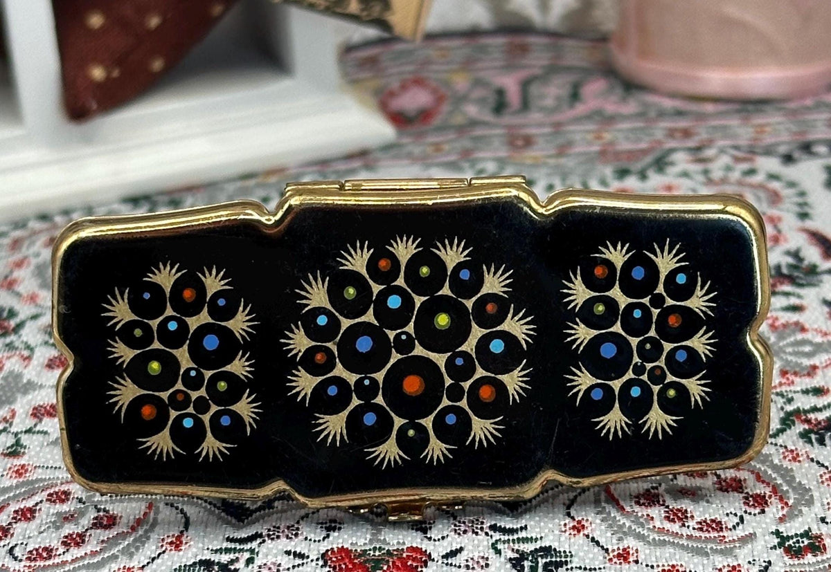 Vintage Stratton Lip View Compact: Black Enamel Multi Starburst, Mid-Century