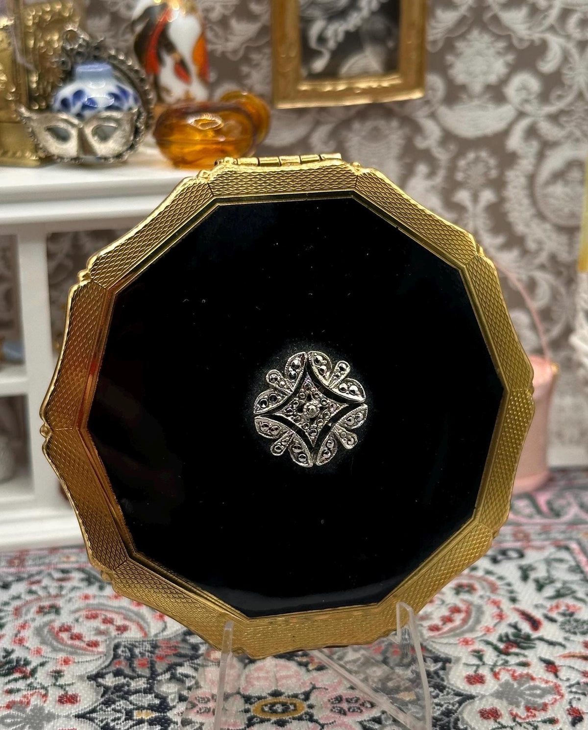 Vintage Kigu London Powder Compact, Black Enamel, Original Puff & Pouch