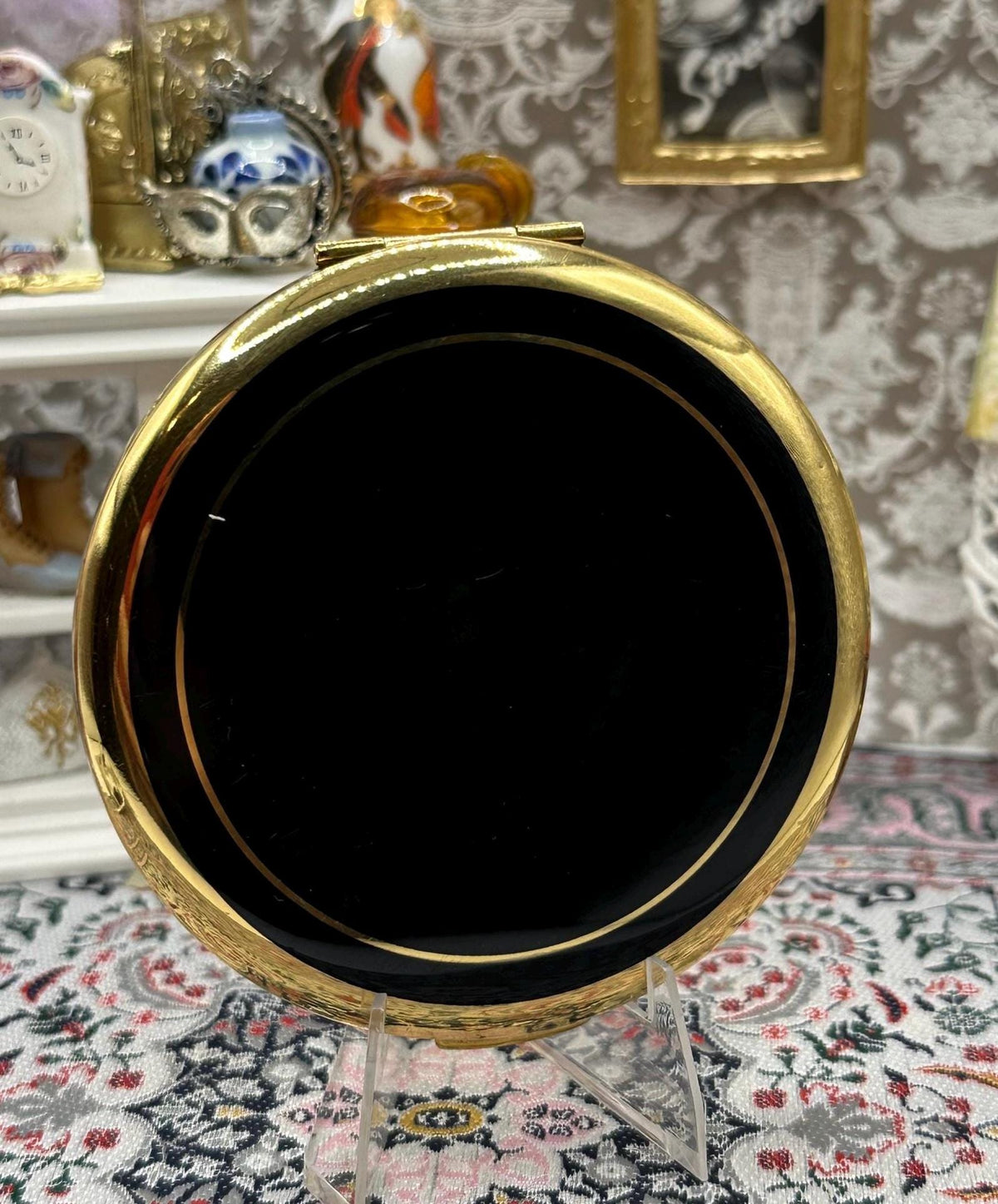 Vintage Powder Compact Black & Gold Engine Turned Makeup Compact Mirror