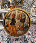 Vintage 1950s Gold Tone Powder Compact: Courting Scene Silk Lid