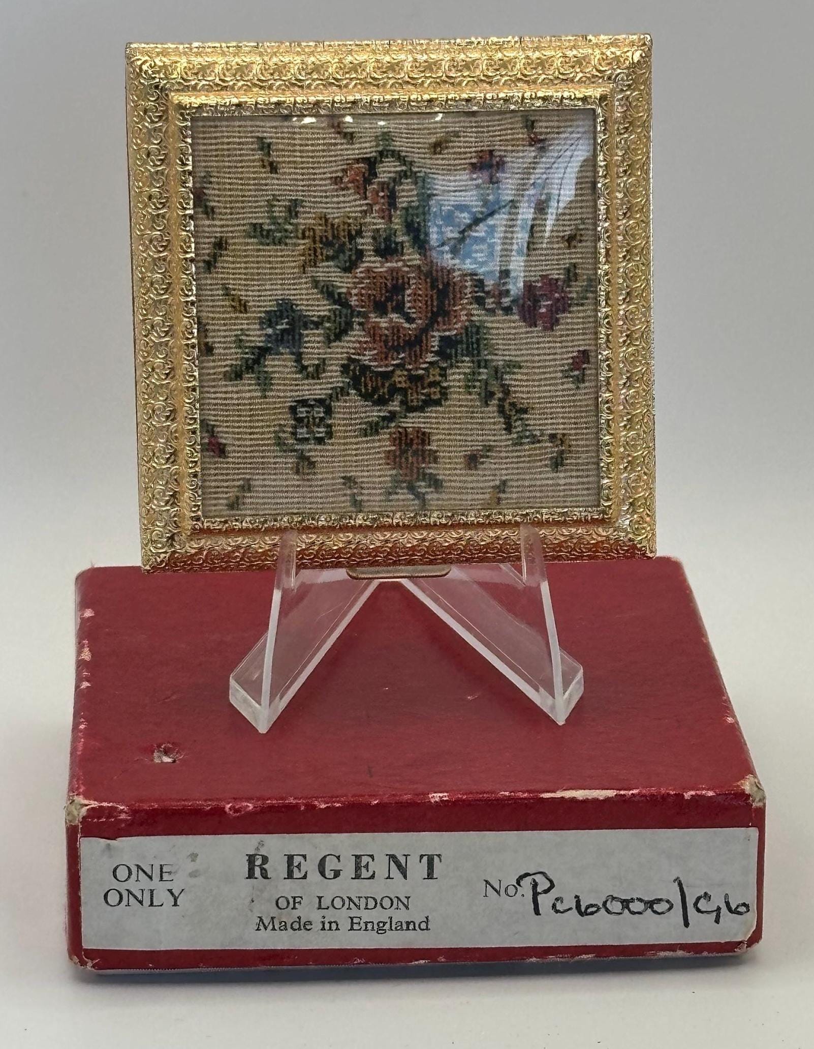 Mint Regent of London Petit-Point Powder Compact: 1950s Gold Vanity, Boxed