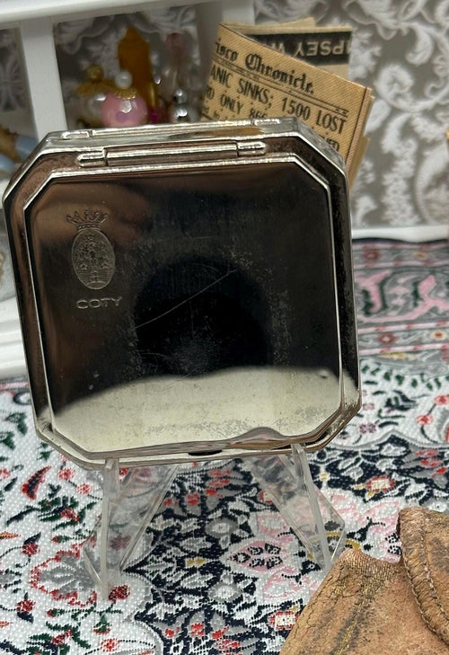 Coty Tri Powder Compact 1950s Silver Tone Double Compartment with Original Pouch