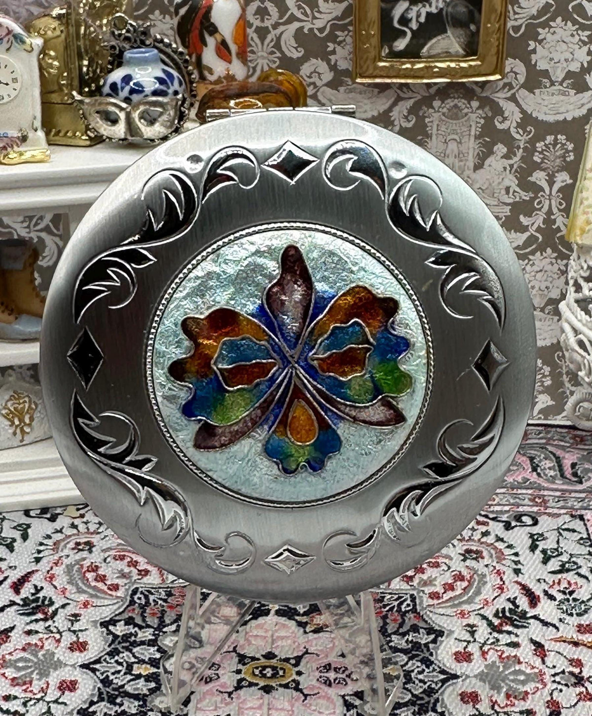 Vintage Nacon Silver Powder Compact – Enamelled Flower Design, Original Box