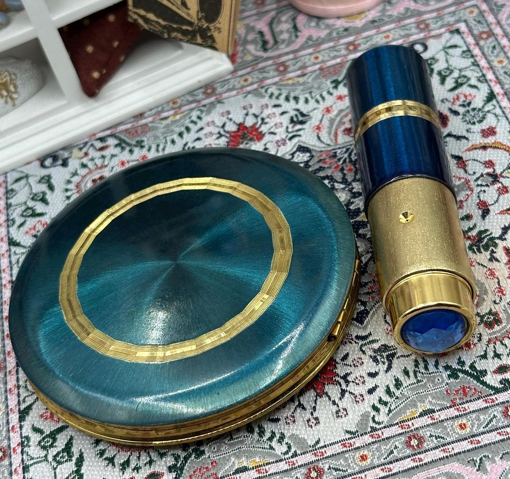 Kigu Powder Compact Perfume Atomiser Set Teal Blue Gold Tone Vintage Boxed London