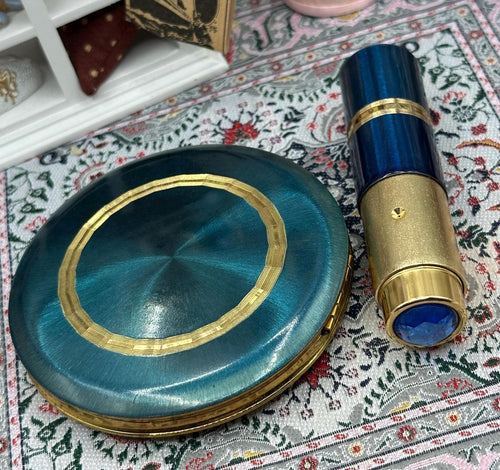 Kigu Powder Compact Perfume Atomiser Set Teal Blue Gold Tone Vintage Boxed London