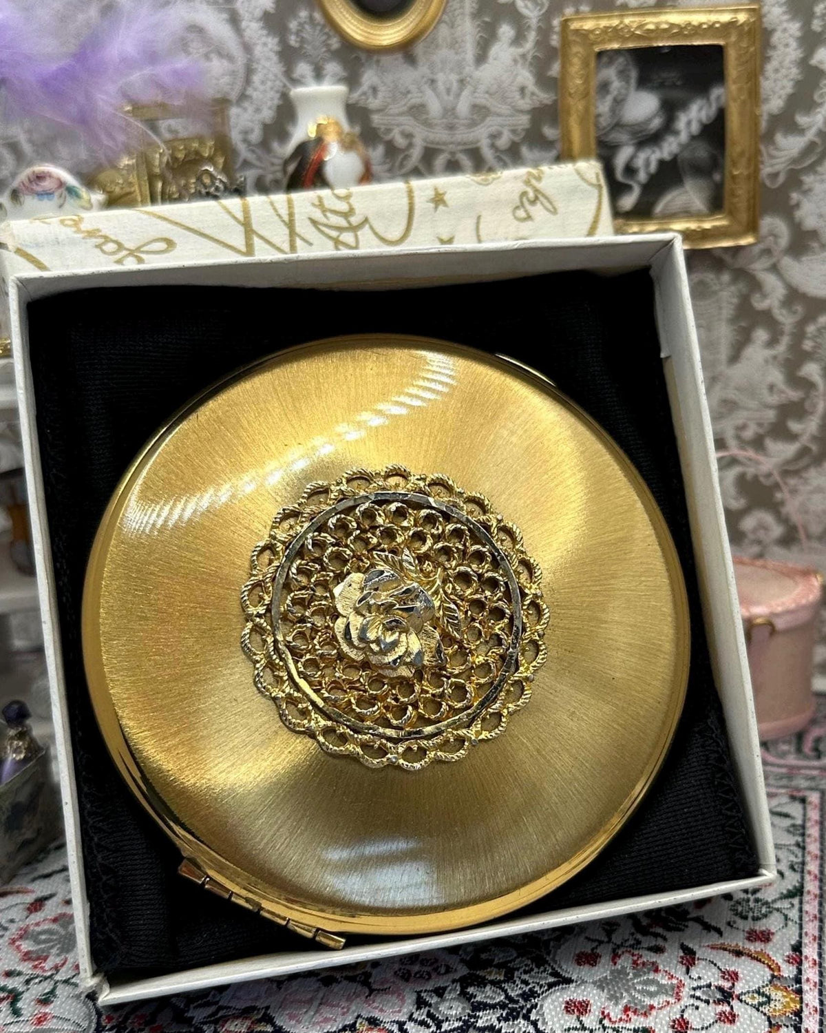 Vintage Kigu of London Powder Compact | Gold-Tone Filigree Rose | Boxed | 8cm