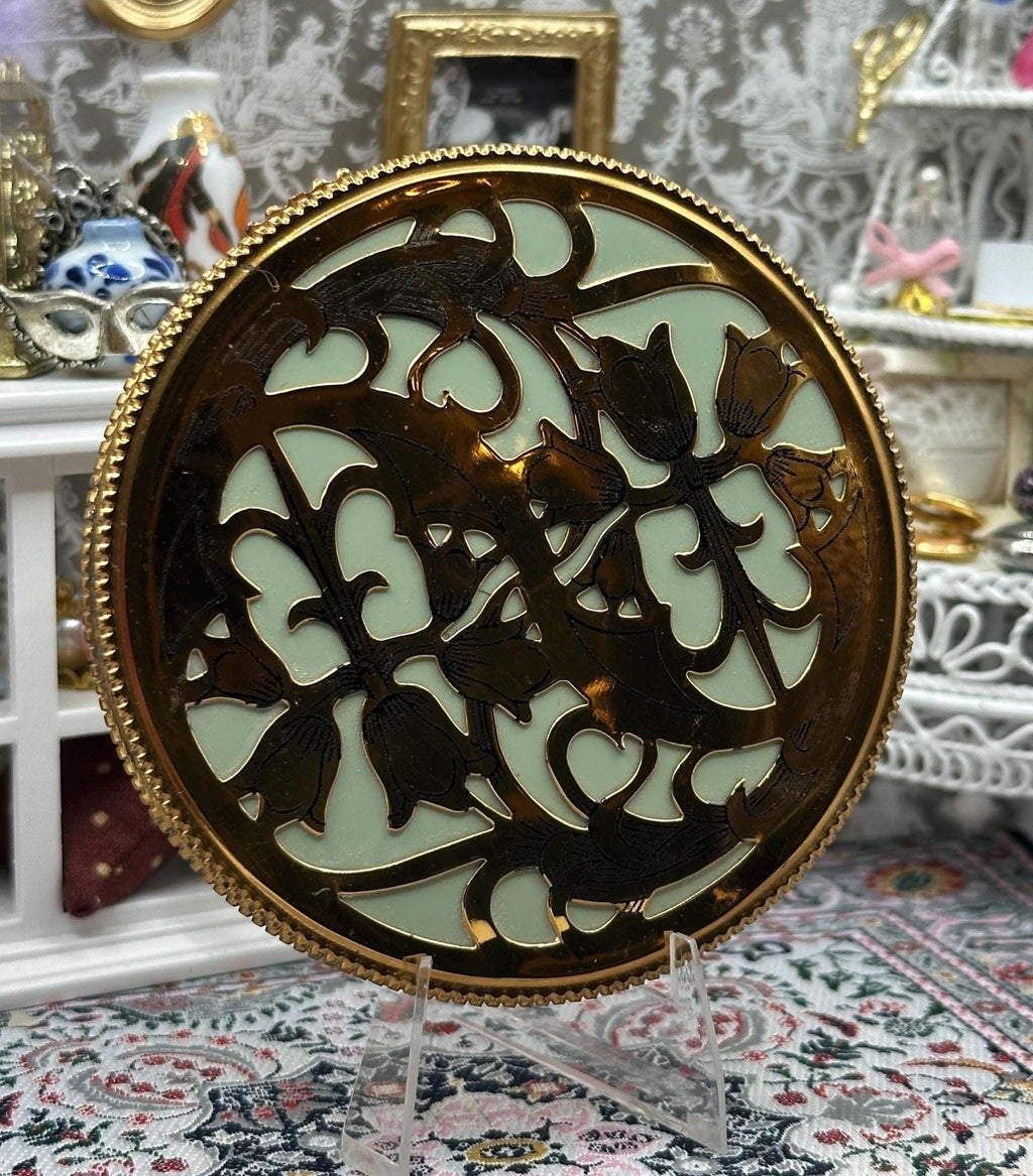 Large Floral Powder Compact Gold Tone Mint Green Vintage Vanity Art Deco Style