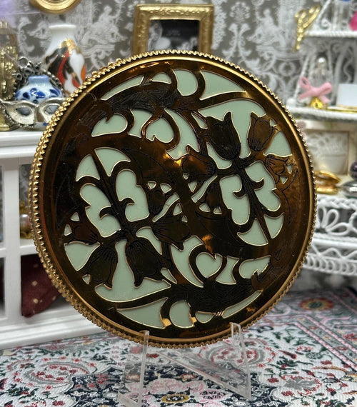 Large Floral Powder Compact Gold Tone Mint Green Vintage Vanity Art Deco Style