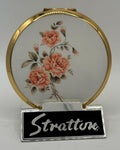 Vintage Stratton Powder Compact – Pink Rose Floral, White Enamel, Made in England (7cm)