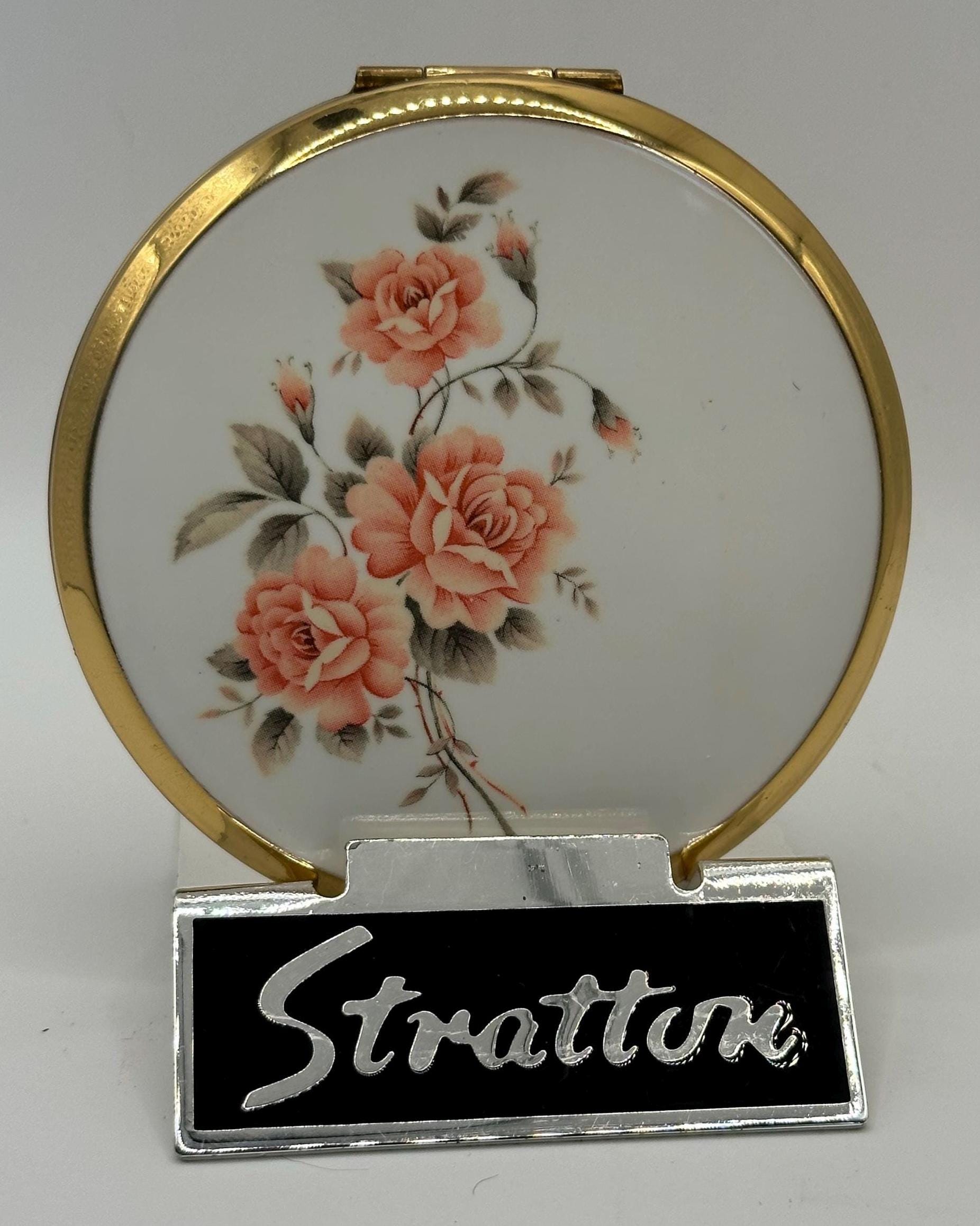Vintage Stratton Powder Compact – Pink Rose Floral, White Enamel, Made in England (7cm)