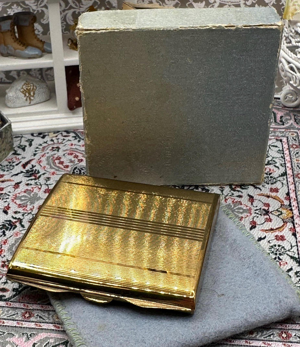 Boxed Stratton Square Powder Compact – Gold Tone, Unused with Powder Blue Pouch and box