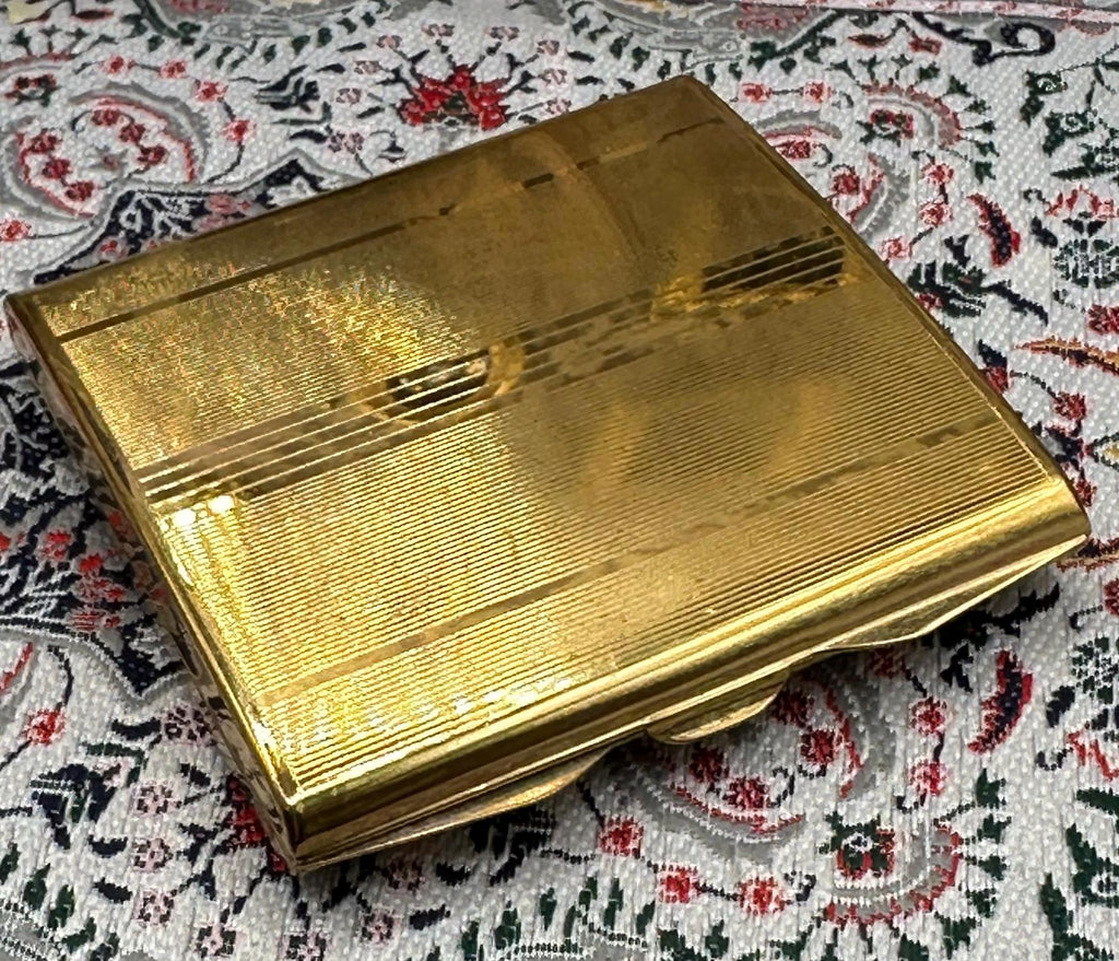 Boxed Stratton Square Powder Compact – Gold Tone, Unused with Powder Blue Pouch and box